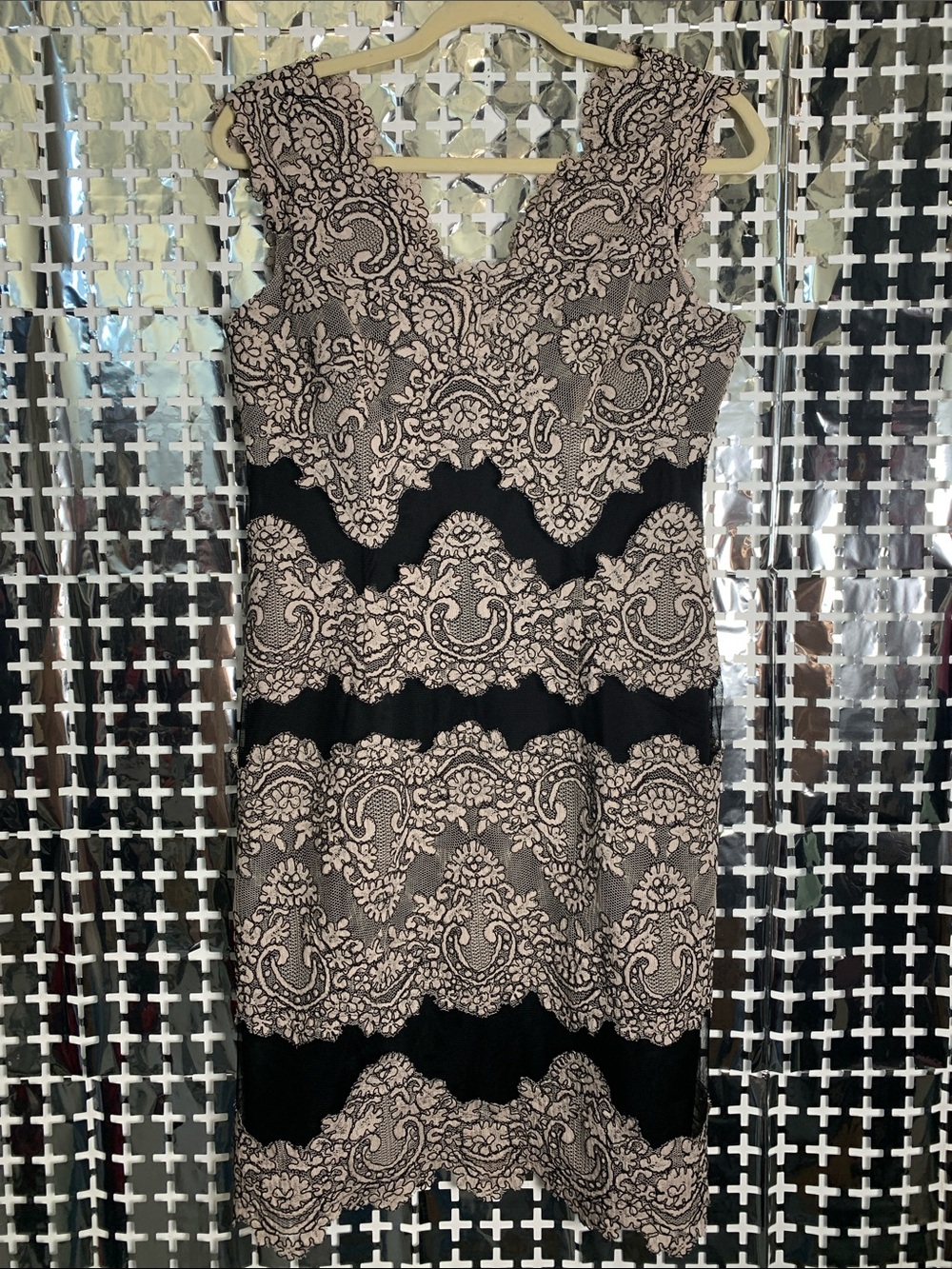 Tahari Black and Blush Lace-Overlay Midi Dress